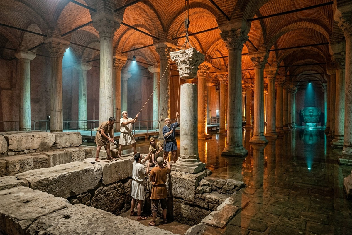 Vom römischen Fundament zum byzantinischen Meisterwerk: Die Entstehung der Basilika-Zisterne